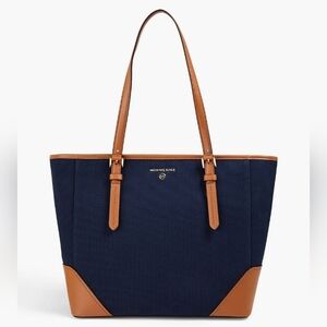NWT Michael Kors Aria Tote Bag Navy Blue Canvas Camel Tan Leather Trim Handbag